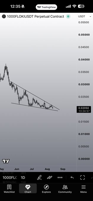 A TradingView chart on a phone shows the 1000FLOKIUSDT Perpetual Contract in a descending wedge pattern, with the price at 0.02050 USDT as of 13:24:57.