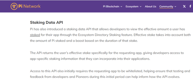 A screenshot of the Pi Network website detailing the new "Staking Data API" feature, which allows developers to view users' effective stakes for their apps through the Ecosystem Directory Staking feature, requiring whitelisting during the initial testing period for apps to reward early adopters.