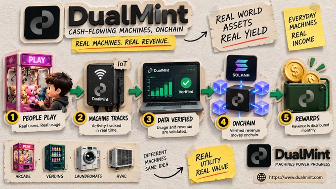 DualMint infographic outlining its "Cash-Flowing Machines, Onchain" model in five steps: (1) People Play with real usage, (2) Machine Tracks activity in real time, (3) Data Verified with usage and revenue validated, (4) Onchain (Solana) verified revenue distribution, and (5) Rewards paid monthly, supported by examples like arcade claw machines, vending, laundromats, and HVAC systems—matching the post's message that RWA yield begins with a real revenue-generating machine rather than a token.