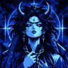 A dark, fantasy-style digital portrait of a horned figure with glowing blue eyes, appearing to be a demon or deity.