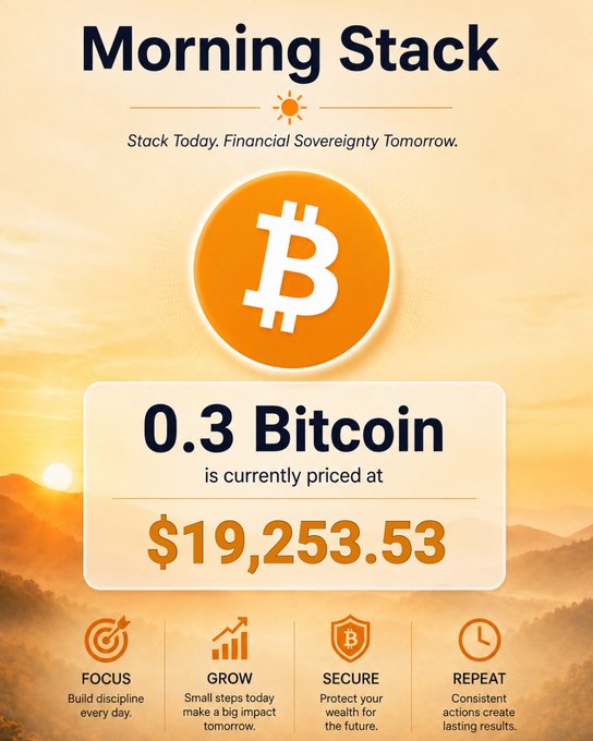 A 'Morning Stack' graphic showing '0.3 Bitcoin is currently priced at $19,253.53' with motivational text including 'Stack Today. Financial Sovereignty Tomorrow.'