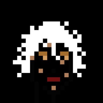 A low-resolution pixel art portrait of a dark-skinned figure with wild white hair and red lips, rendered in a minimalist 8-bit style reminiscent of CryptoPunks NFTs, which the caption "Lets go No-Punks" references.
