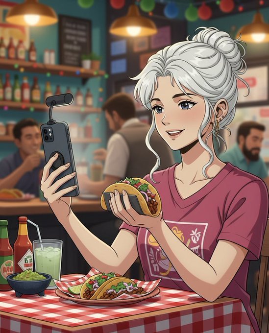 The image features a cartoon girl sitting at a table with food, including two tacos, while holding her cell phone up to take a picture of her meal. The caption "Gm Ct Happy Taco Tuesday" suggests that this scene takes place on a special day or event related to taco consumption.