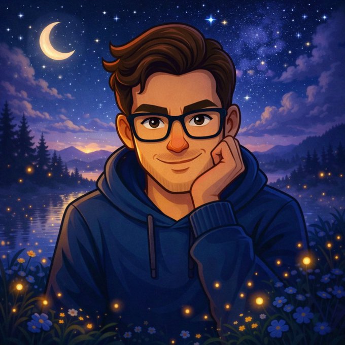 Digital illustration of a young man with glasses and a blue hoodie, resting his chin on his hand against a starry night sky with a crescent moon.