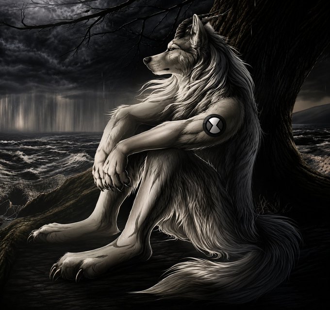 A digital illustration of an anthropomorphic wolf-like creature with long flowing hair sitting in a contemplative pose against a tree, with a turbulent dark sea and dramatic stormy sky in the background.