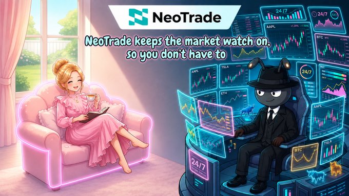 A promotional graphic for NeoTrade featuring the tagline 'NeoTrade keeps the market watch on, so you don't have to,' depicting a woman relaxing in a chair on the left while a suited figure with a briefcase head monitors multiple crypto trading screens on the right.