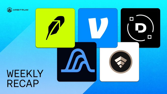 A promotional graphic featuring the Arbitrum logo and the text "WEEKLY RECAP" alongside icons representing major platforms: Robinhood (green feather), VeChain (blue "V"), Digital asset (black "D"), ApeChain (blue "A"), and an unspecified project (white circular logo), set against a blue gradient background. The image serves as a visual header for a weekly summary highlighting Arbitrum's leading stablecoin inflows and ecosystem growth.