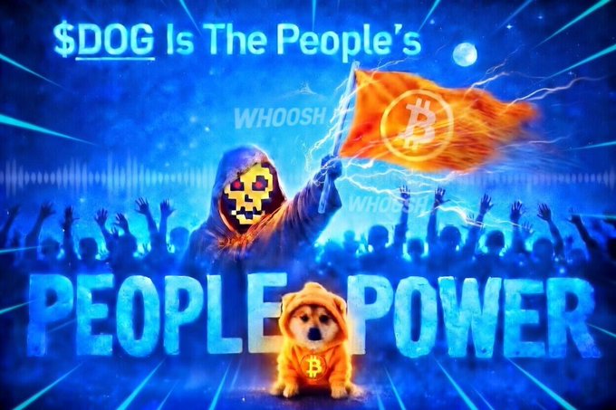 A vibrant digital graphic promoting '$DOG' cryptocurrency with the text 'Is The People's' at the top, 'PEOPLE POWER' at the bottom, featuring a hooded figure in a Bitcoin mask holding a Bitcoin flag over a crowd, and a Shiba Inu dog wearing a Bitcoin tag.
