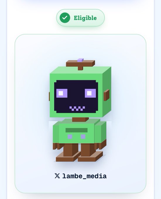 A digital collectible or NFT showing a pixelated 3D-style green robot character with purple eyes and a small antenna, marked as 'Eligible' and credited to 'X lambe_media'.