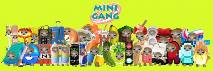 A promotional graphic for 'MINI GANG' features a lineup of meme-style cats dressed in various costumes and props against a bright green background.