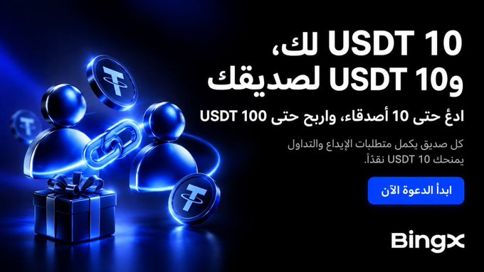 A BingX cryptocurrency advertisement in Arabic promoting a referral program offering 'USDT 10 لك، وUSDT 10 لصديقك' (USDT 10 for you and USDT 10 for your friend) with a deposit requirement up to USDT 100.