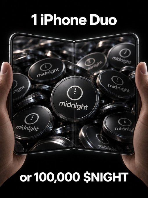 An image shows hands holding a foldable dual-screen iPhone displaying black “midnight” tokens. The text reads “1 iPhone Duo” and “or 100,000 $NIGHT,” highlighting a choice between the device and the cryptocurrency token.