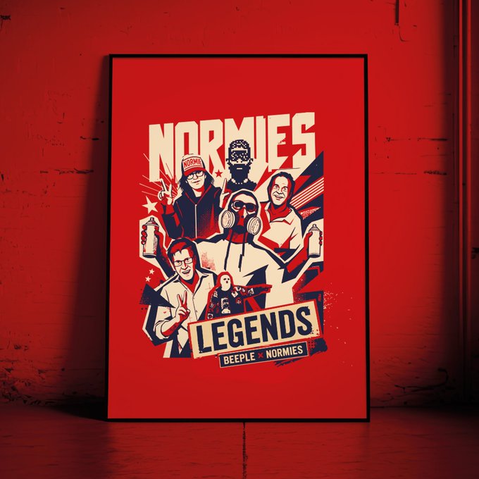 Red-toned poster design featuring 'NORMIES LEGENDS' with 'BEEPLE x NORMIES' text, showing illustrated characters including figures in hazmat suits and goggles.