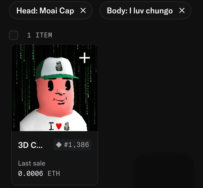 A digital collectible item called '3D C...' featuring a pink character wearing a 'Moai Cap' and an 'I love' shirt, with a last sale price of 0.0006 ETH.