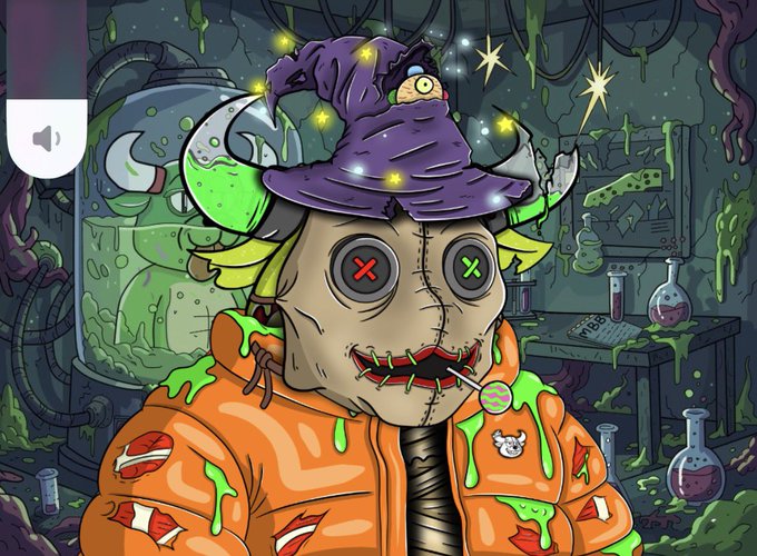 A cartoon illustration shows a creepy figure wearing an oversized purple wizard hat with a frog peeking out, button eyes with X's, and an orange jacket covered in green slime, set in a chaotic lab with bubbling potions and cheese. The dark, edgy art style fits the post's excitement about receiving a new "BB" (likely a digital collectible or avatar item), suggesting the character is the acquired piece.