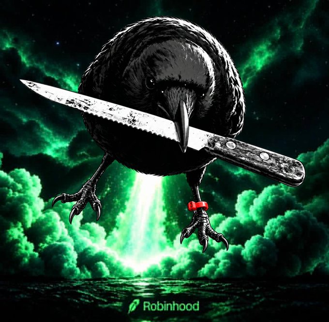 A stylized illustration depicts a black bird/claw-like creature wielding a serrated knife against a green stormy sky, with a green 'Robinhood' logo at the bottom.