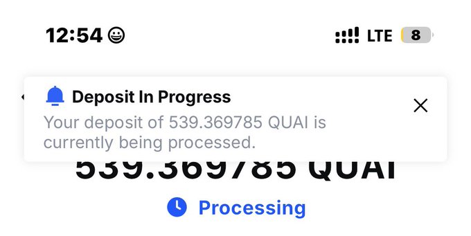 A smartphone screenshot showing a "Deposit In Progress" notification for 539.369785 QUAI tokens, indicating an active transaction on the Quai Network platform.

The image shows a pending deposit of 539.369785 QUAI, visually reinforcing the post's emphasis on staying engaged with Quai Network to catch upcoming developments for the African community.