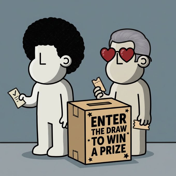 A cartoon illustration shows two characters standing by a cardboard box labeled "ENTER THE DRAW TO WIN A PRIZE"—one with an afro holding a ticket, and another with heart-shaped sunglasses holding a ticket as well—visually representing the NPC giveaway contest being promoted in the post.