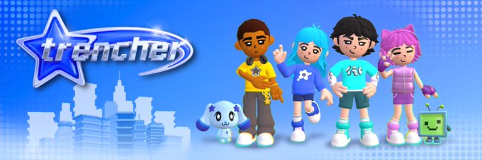 Promotional banner for "Trencher" TCG featuring four animated characters with colorful hair and small creatures against a blue cityscape background, matching the max-minting announcement of 500 limited packs on Dyli.io.