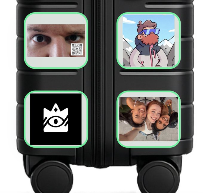 A black suitcase with four stickers attached: a close-up of a man's eyes with a QR code, a cartoon character with sunglasses, a black and white eye logo, and a selfie of three smiling people.