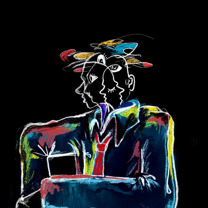 A vibrant, abstract artwork features a figure with a multi-faceted face showing three profiles, adorned with colorful hat-like shapes and wearing a brightly colored jacket against a black background.