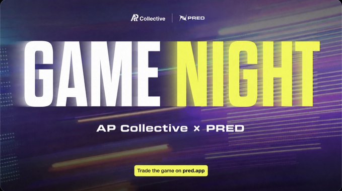 A vibrant promotional graphic reading "GAME NIGHT — AP Collective x PRED" with the note "Trade the game on pred.app" at the bottom.