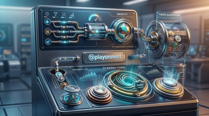 A futuristic control panel with glowing blue accents features labels including "IDENTITY", "TOKEN ALLOCATION", "STAKING CORE", "MINT", "Multiquber TIM", and the handle "@playonmint" displayed on a central sign.
