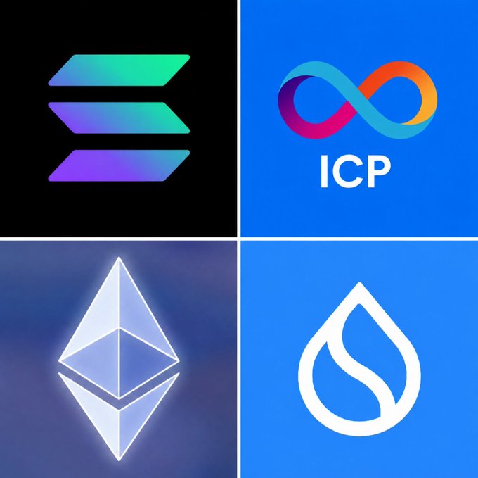 A four-panel collage displaying cryptocurrency logos: Solana (SOL), Internet Computer (ICP), Ethereum (ETH), and Sui.