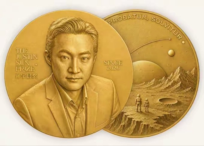 Two gold commemorative coins featuring a portrait labeled 'THE JUSTIN SUN PRIZE 孙宇晨奖' and 'SINCE 2026,' with the reverse showing a space-themed landscape and the inscription 'PROBATUR, SOLVITUR'.