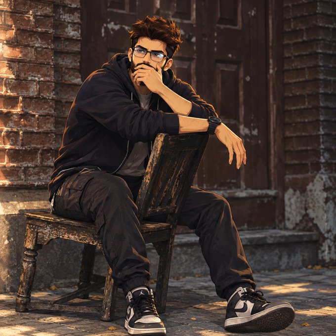 A man wearing glasses and a black hoodie sits on a weathered wooden chair against a brick wall, posing in a contemplative stance with his hand near his chin.