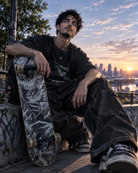 A stylish young man in dark clothing sits holding a skateboard with 'Seeching' text, against a sunset cityscape background.