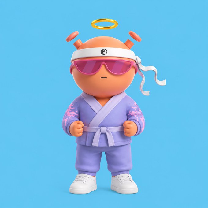A 3D-rendered character wearing a purple martial arts uniform, pink sunglasses, a white headband with a yin-yang symbol, and a golden halo, standing against a blue background.