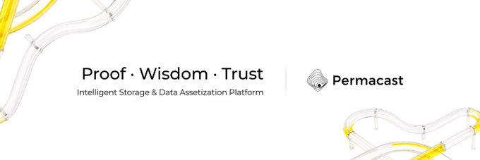 Banner for 'Proof · Wisdom · Trust' an Intelligent Storage & Data Assetization Platform with the Permacast logo, featuring yellow and white tube graphics on the sides.