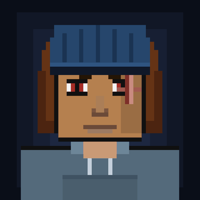 A pixel art character wearing a blue helmet with brown hair, red eyes, and a neutral expression, set against a dark background. The image accompanies a post about finally minting an NFT on Zaddrnet, with the pixelated, blocky aesthetic visually echoing the retro, early crypto/Ordinals vibe described in the text.