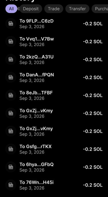 A mobile crypto transaction history screen showing ten repeated -0.2 SOL outgoing transfers on Sep 3, 2026 to various wallet addresses, supporting the poster's claim of distributing a 2 SOL giveaway across multiple recipients.