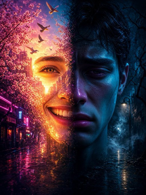A stylized digital artwork shows a face split down the middle, with the left side depicting a smiling woman surrounded by pink cherry blossoms and a bright city, and the right side showing a somber, blue-tinted man.