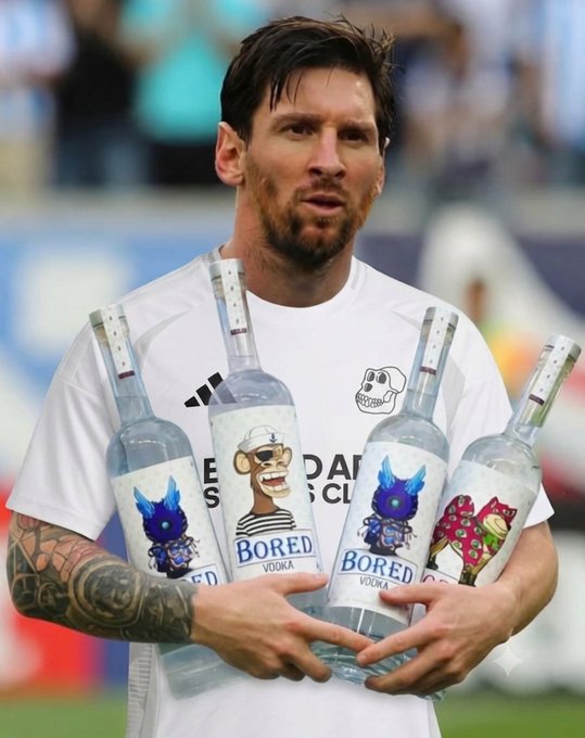 Lionel Messi holds multiple bottles of Bored Vodka featuring Bored Ape Yacht Club NFT artwork on the labels.
