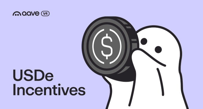 An illustration with purple background showing a cartoon ghost holding a large coin with a dollar sign, with text reading 'aaave V4' and 'USDe Incentives'.