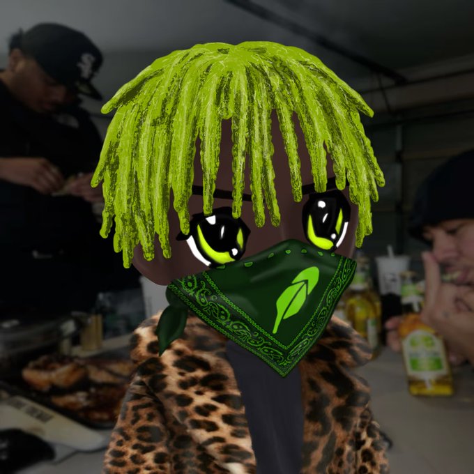 A photo of a person whose face is covered by a digital avatar filter; the avatar features green dreadlocks, large anime-style eyes, a dark complexion, and a green bandana, worn over a leopard print jacket.