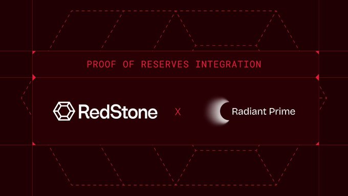 The image is a promotional graphic announcing the "PROOF OF RESERVES INTEGRATION" between RedStone and Radiant Prime, displayed with their respective logos on a dark red hexagonal-patterned background, visually supporting the announcement of their partnership to provide verified portfolio insights.