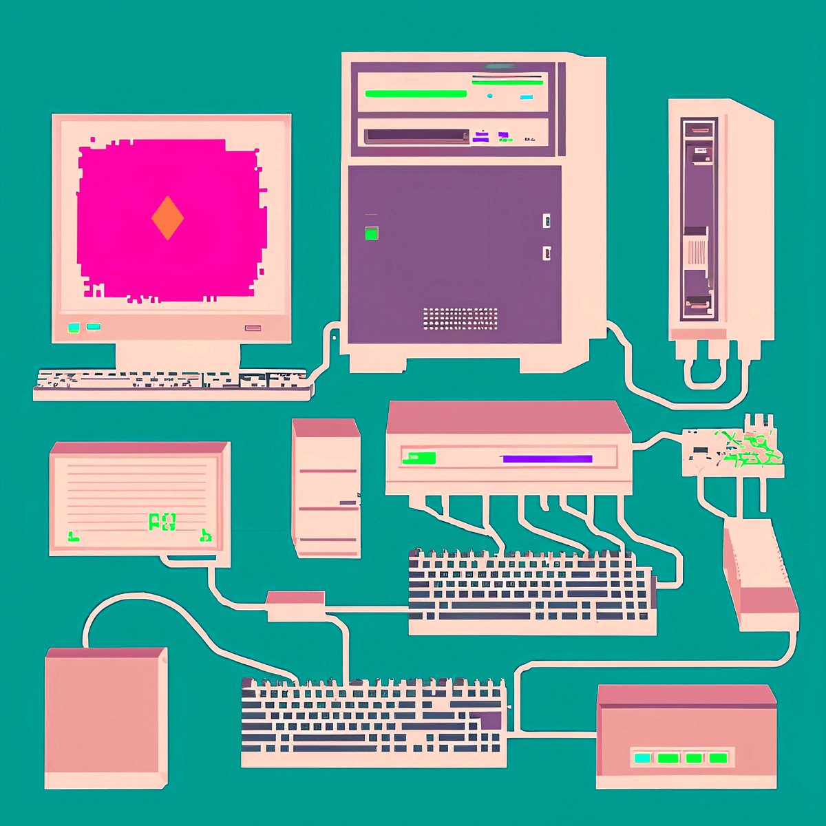 The image features a computer setup with various components, including an old-fashioned computer monitor, keyboard, mouse, and other peripherals such as a printer or scanner. The colors used for these items are predominantly pink and white, giving the scene a retro vibe reminiscent of older technology. The image also includes text that reads "Gm - 
disclosure - From the Popp series 4/4 @objktcom #TezosTuesday #ArtTank #objktnext". This information suggests that the image is likely related to an art project or a discussion about the history and evolution of computer technology.