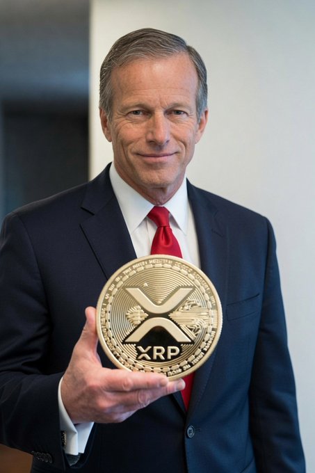 Senator John Thune holds a large XRP coin, symbolizing the cryptocurrency's potential involvement in upcoming legislative votes.