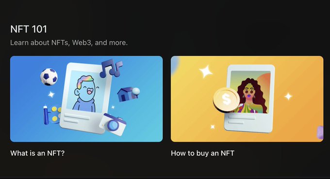 The image shows an "NFT 101" educational section with two colorful illustrated cards titled "What is an NFT?" and "How to buy an NFT," featuring cartoon-style artwork on blue and orange backgrounds. It relates to the post by providing beginner guidance on NFTs, which could help the user learn the basics before deciding which collection to invest in after their refund.