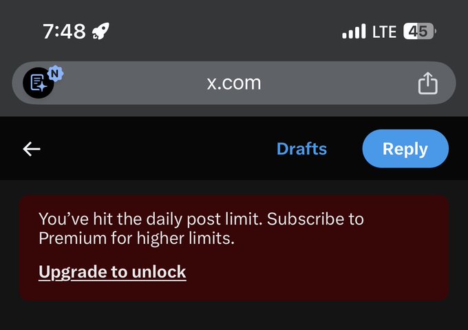 A screenshot of the x.com (formerly Twitter) mobile interface shows the user has hit their daily post limit, displaying the message "You've hit the daily post limit. Subscribe to Premium for higher limits" with an "Upgrade to unlock" link, which relates to the user's post about being unable to reply to comments due to account limitations during their comeback journey.