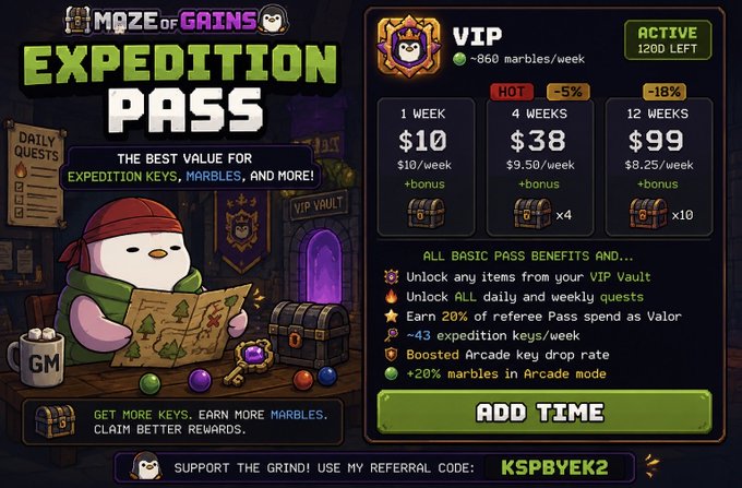 Advertisement for Moze of Gains 'Expedition Pass' VIP membership, showing pricing tiers ($10/week, $38/4 weeks, $99/12 weeks) with benefits like +860 marbles/week, referral code KSPBYEK2.