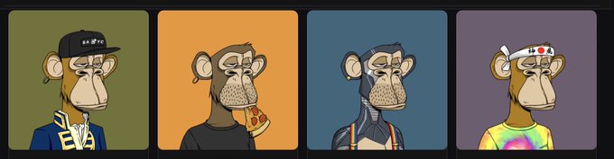 Four cartoon Bored Ape NFTs are displayed side by side, each with distinct traits—one wearing a black cap and suit, another eating pizza, a third in a black jacket, and the fourth wearing a tie-dye shirt and headband—likely representing the crypto wallet's digital art holdings. The post's reference to a "HOT wallet" plays on the slang for a crypto wallet actively in use, with the apes humorously symbolizing different NFT assets being held.
