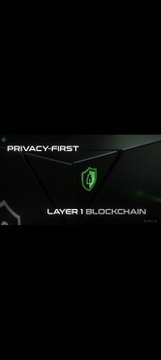 A dark promotional graphic with green accents reading "PRIVACY-FIRST" and "LAYER 1 BLOCKCHAIN" featuring a stylized logo.