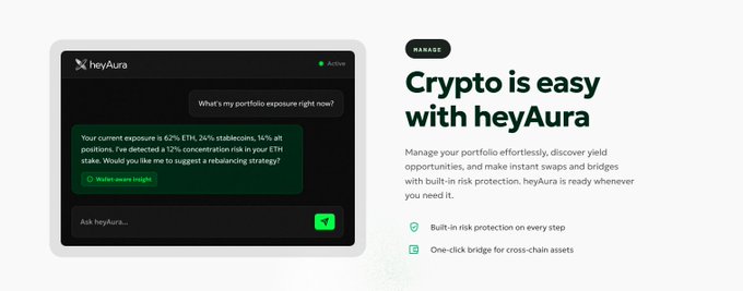heyAura landing page promoting a crypto portfolio management assistant with the headline 'Crypto is easy with heyAura', featuring a chat demo about ETH exposure and rebadging strategy.