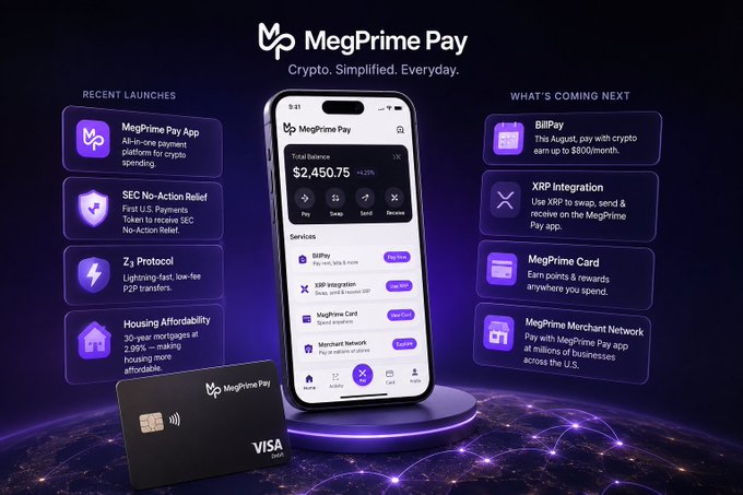 MegPrime Pay promotional graphic showcasing their crypto payment app with features including BillPay, XRP Integration, Z₂ Protocol, and a Visa debit card, with total balance of $2,450.75 shown.