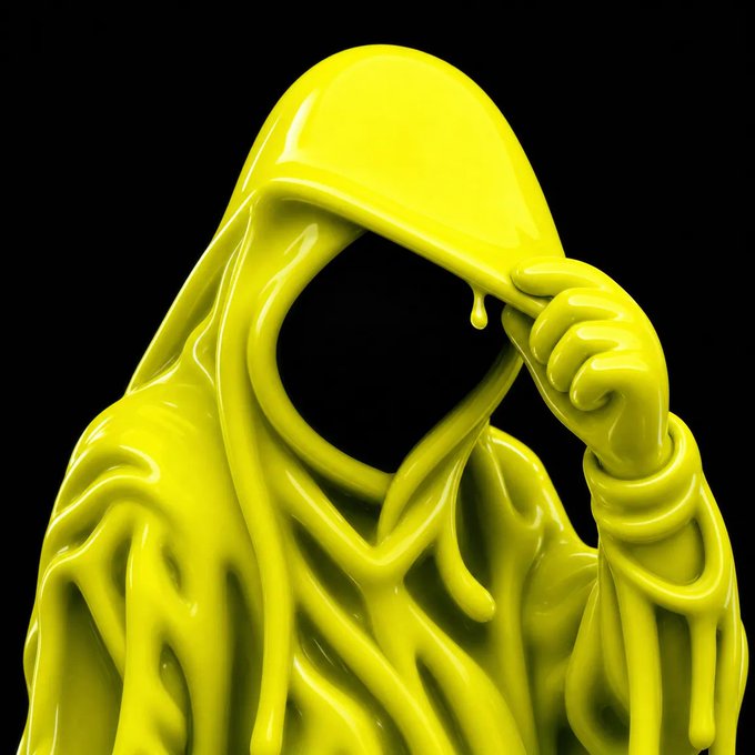 A 3D rendering of a faceless figure draped in glossy, dripping yellow material, pulling back the hood with one hand against a black background.